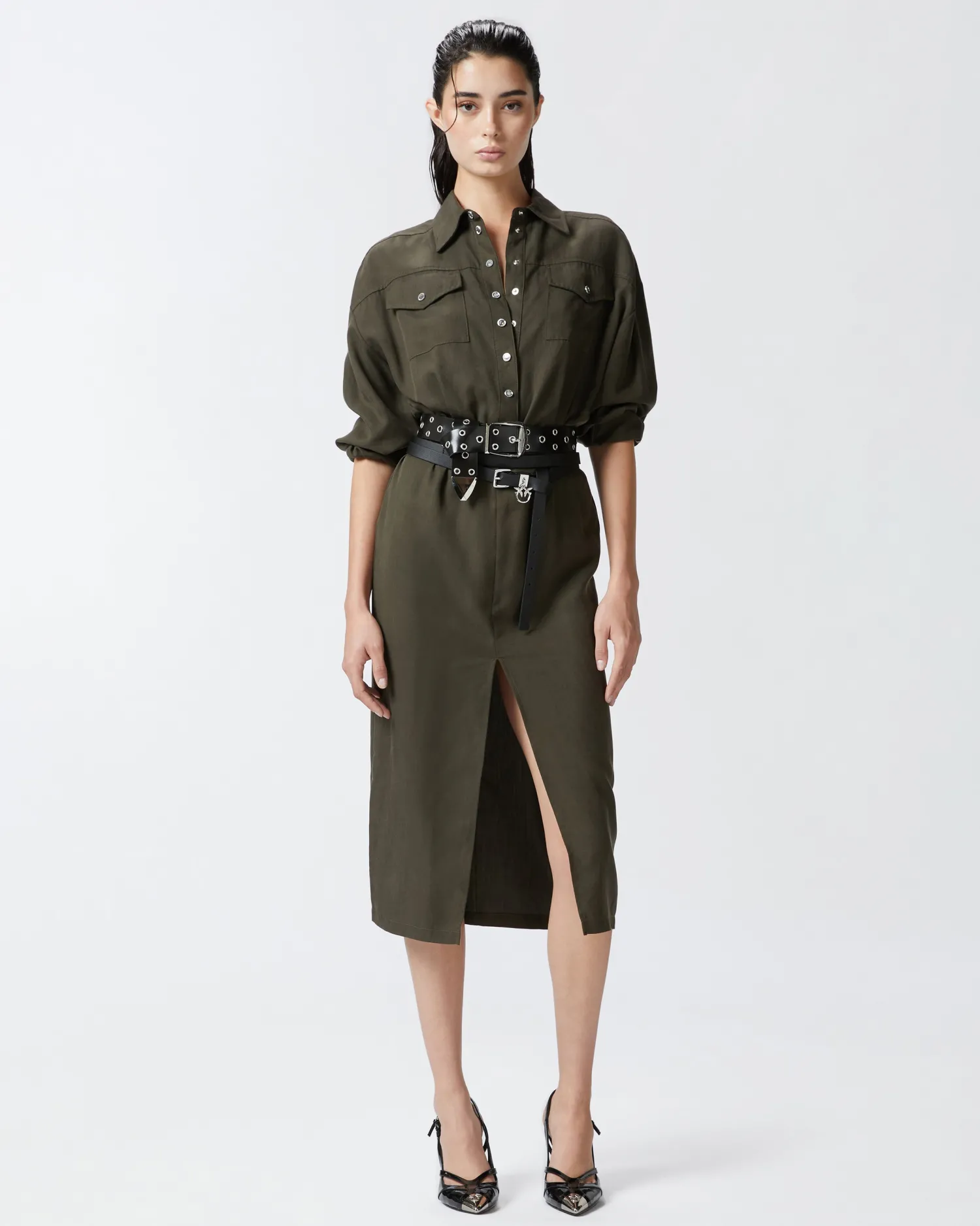 Hot Abito Midi Chemisier con Cintura / Donna Abiti