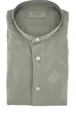 New Camicia con Collo alla Coreana in Mussola di Cotone / Verde Uomo Camicie