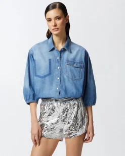 New Camicia in Denim con Maniche a Tre Quarti / Donna Denim|Camicie