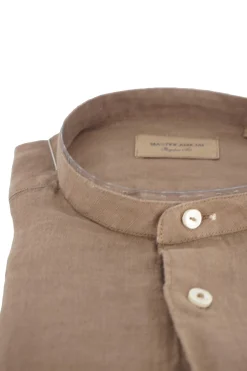 Clearance Camicia in Lino con Collo alla Coreana / Marrone Uomo Camicie