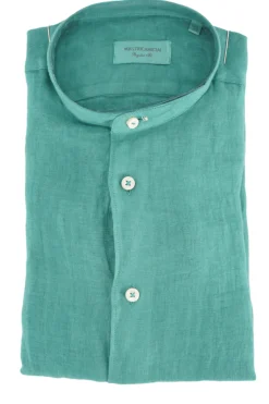 Clearance Camicia in Lino con Collo alla Coreana / Verde Uomo Camicie