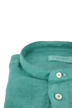 Clearance Camicia in Lino con Collo alla Coreana / Verde Uomo Camicie