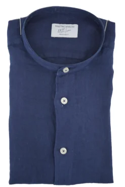 Camicia in Lino con Collo alla Coreana / Blu Uomo Camicie