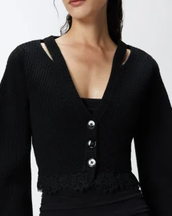 Clearance Cardigan Corto a Coste con Fondo in Pizzo / Donna Maglieria