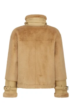 Clearance Giacca in Eco Pelliccia con Inserti in Eco Pelle / Caramello Donna Cappotti